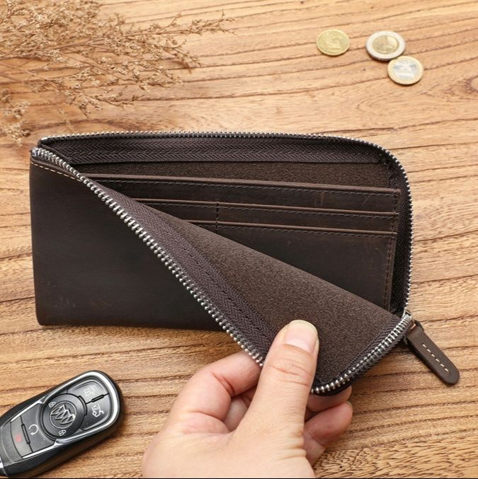 メンズ長財布 本革製スリムジップ長財布スマートフォン収納対応