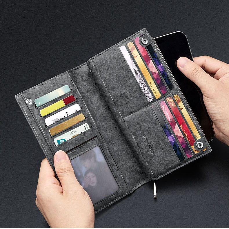 メンズ長財布 多機能ジップ式スマートフォン収納長財布