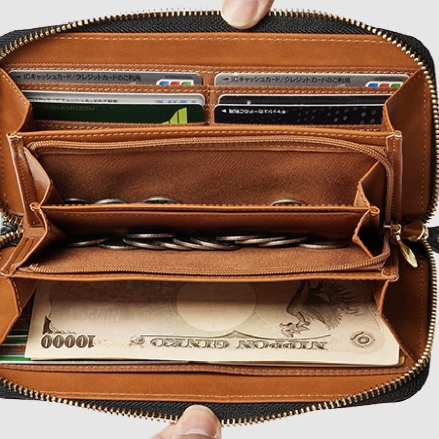 メンズ長財布 本革ラウンドファスナー式薄型長財布