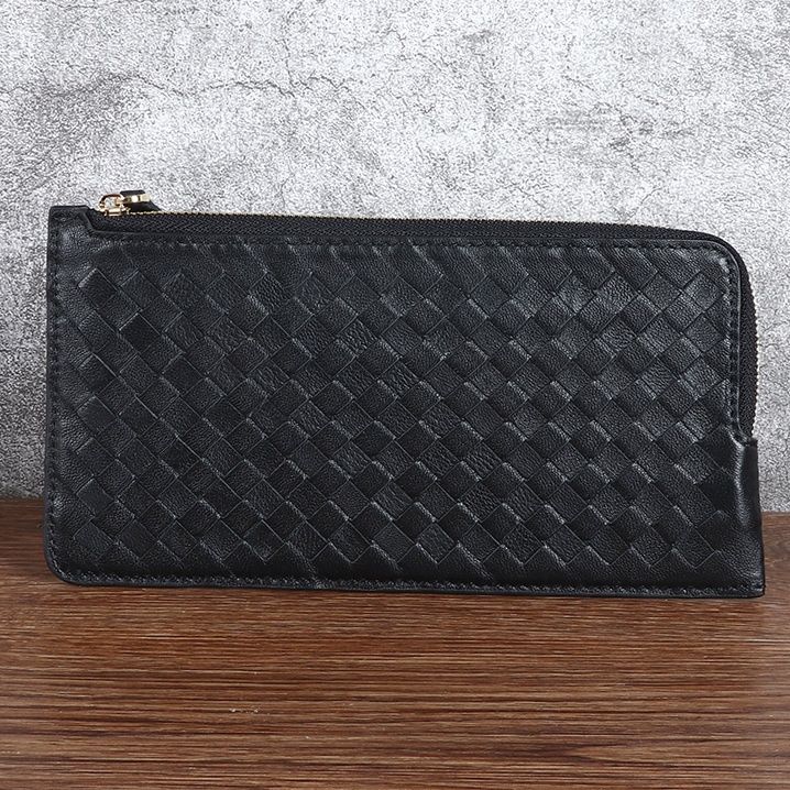 メンズ長財布 編み込みレザー薄型長財布ファスナー式