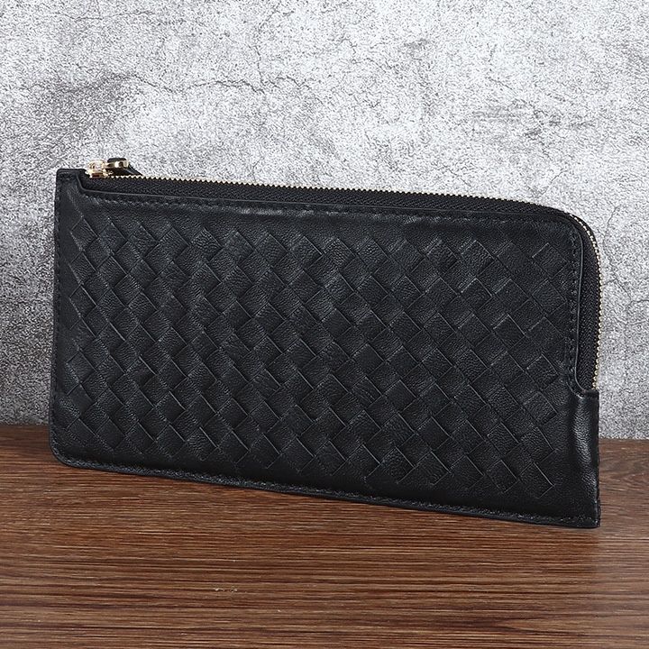 メンズ長財布 編み込みレザー薄型長財布ファスナー式