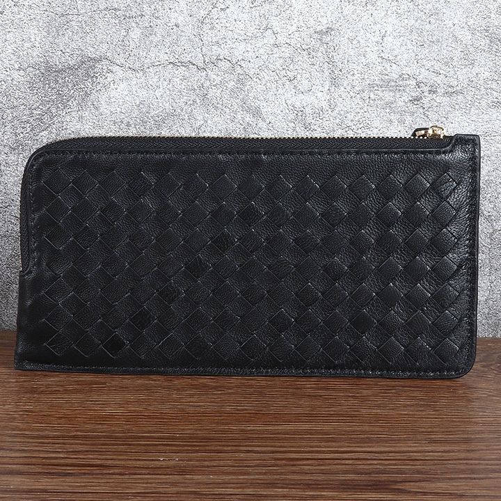 メンズ長財布 編み込みレザー薄型長財布ファスナー式