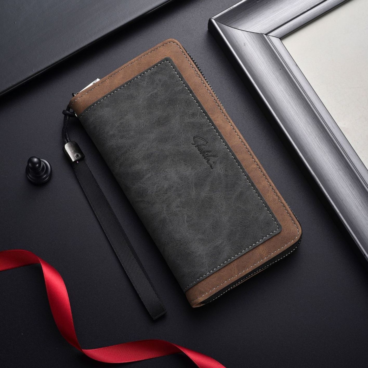 メンズ長財布 配色切替ジッパー式手持ち紐付き長財布