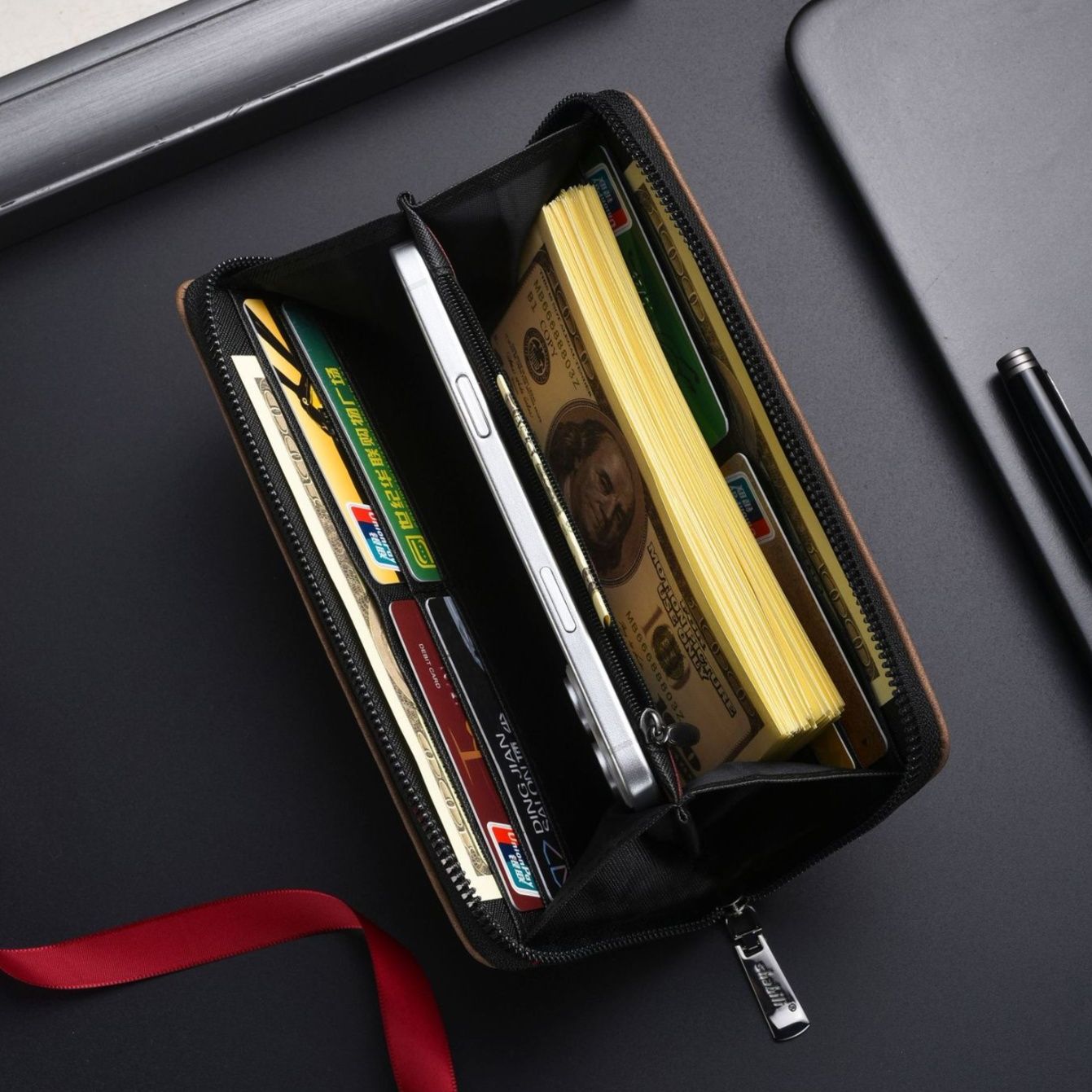 メンズ長財布 配色切替ジッパー式手持ち紐付き長財布