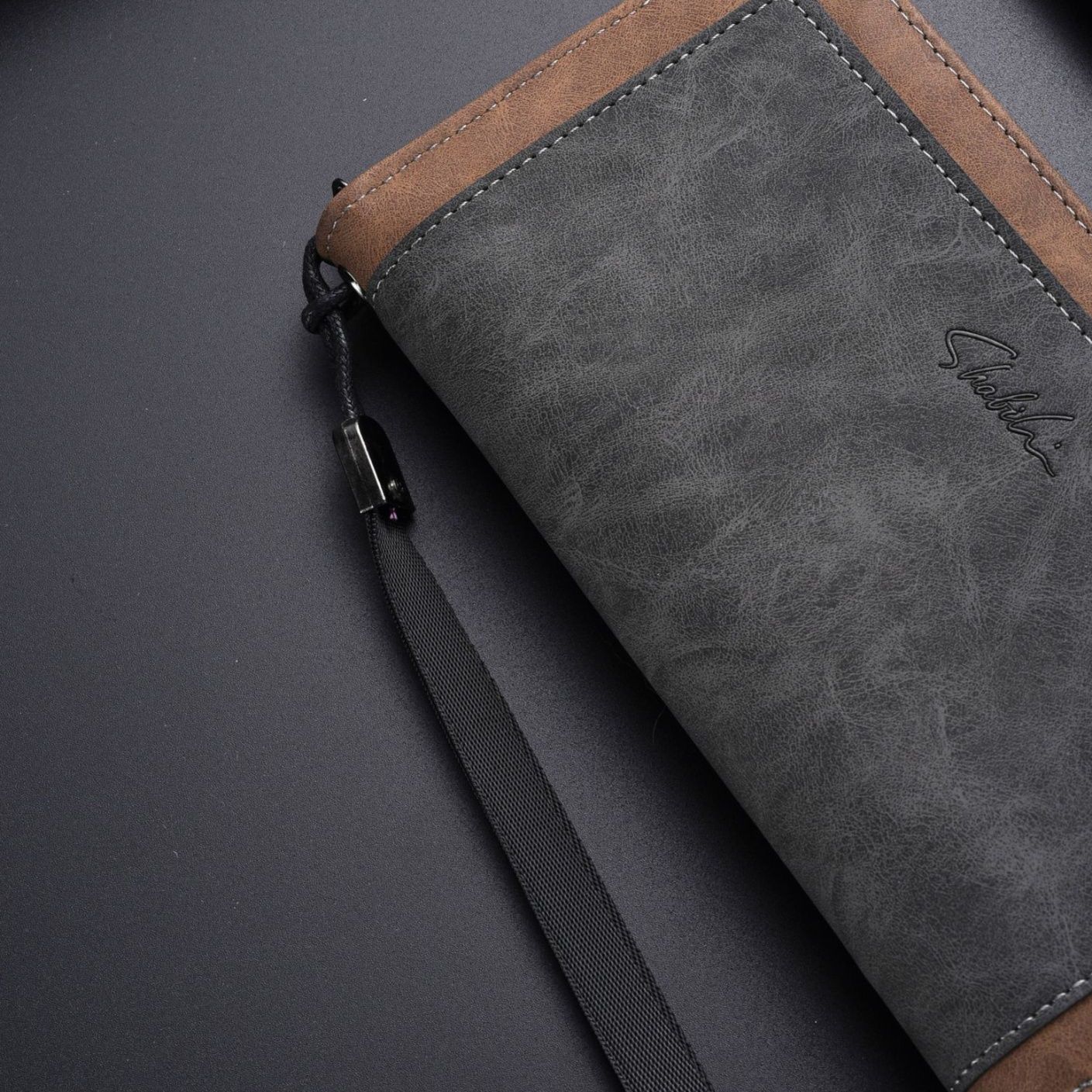 メンズ長財布 配色切替ジッパー式手持ち紐付き長財布