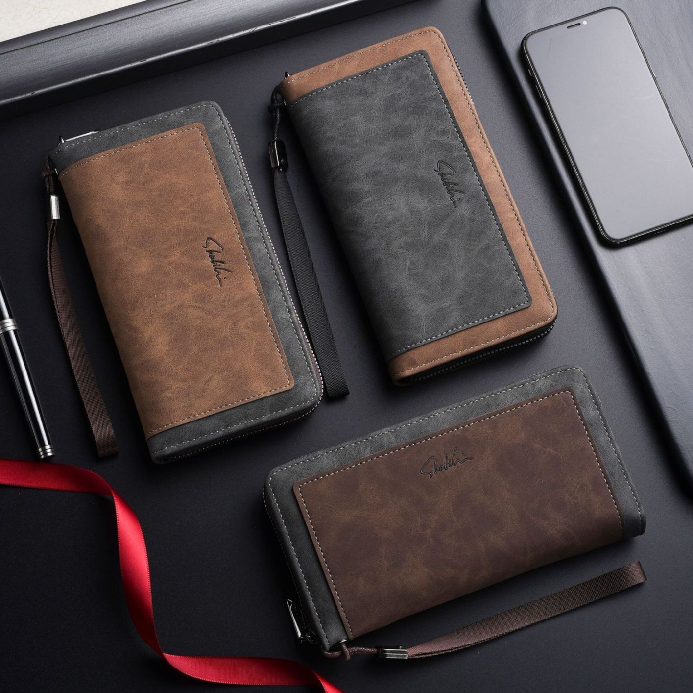 メンズ長財布 配色切替ジッパー式手持ち紐付き長財布