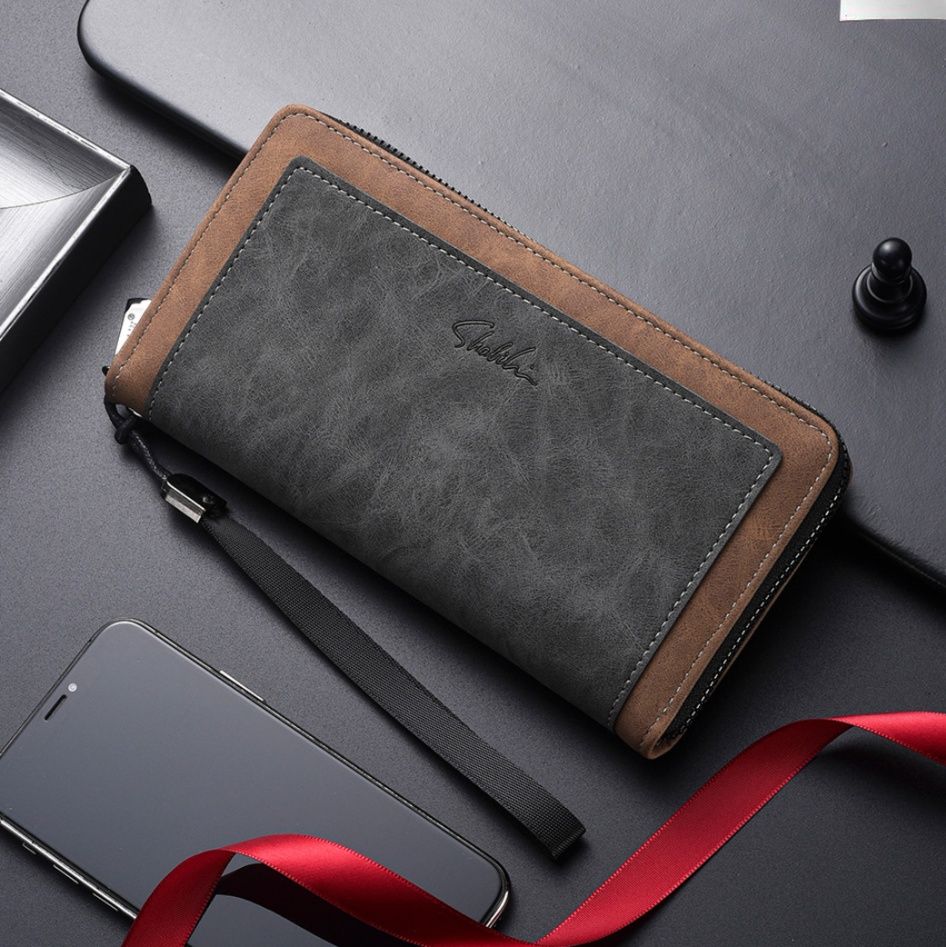 メンズ長財布 配色切替ジッパー式手持ち紐付き長財布