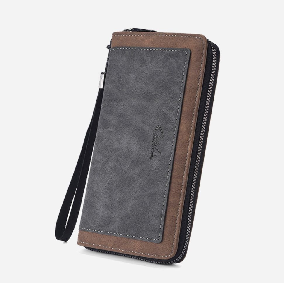 メンズ長財布 配色切替ジッパー式手持ち紐付き長財布