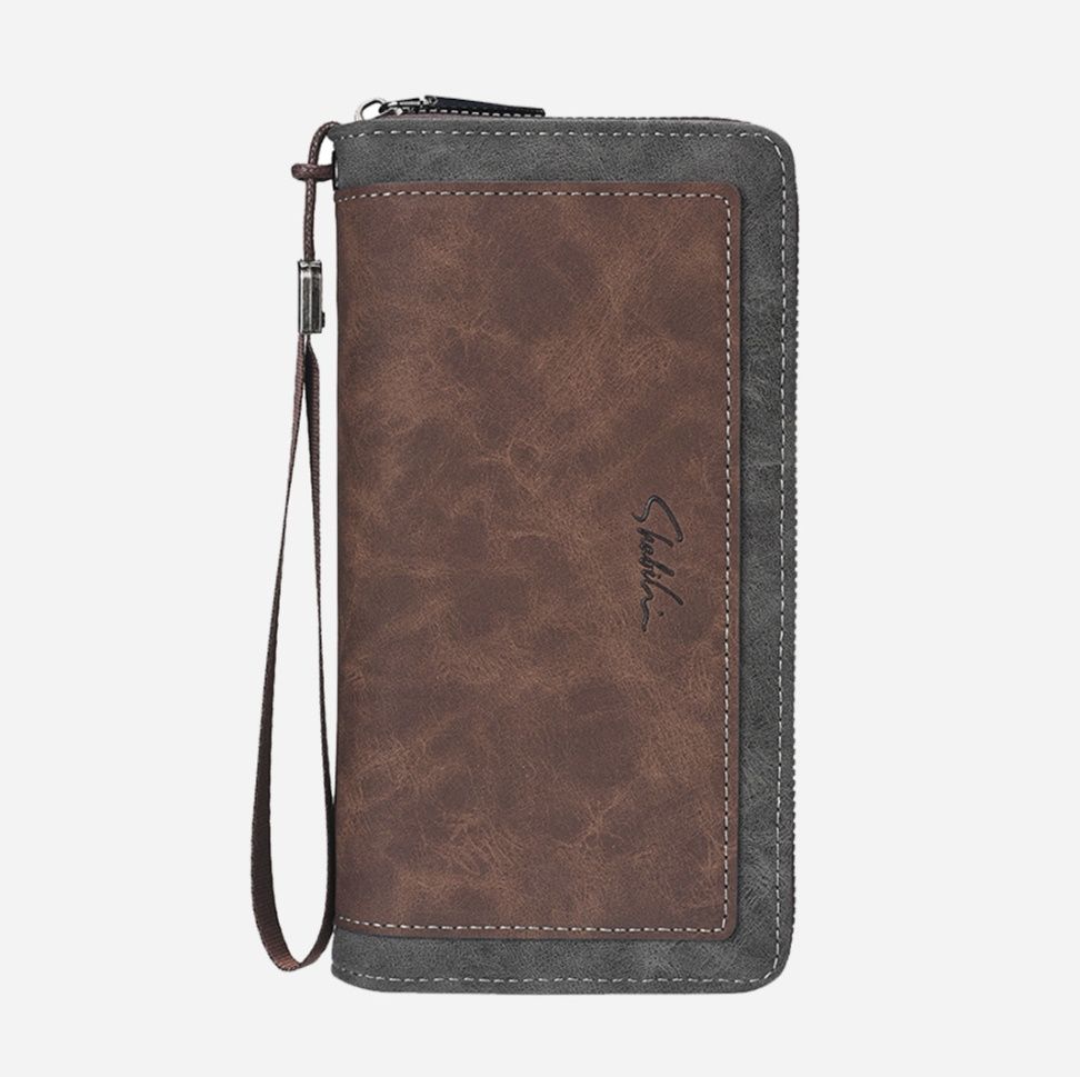 メンズ長財布 配色切替ジッパー式手持ち紐付き長財布