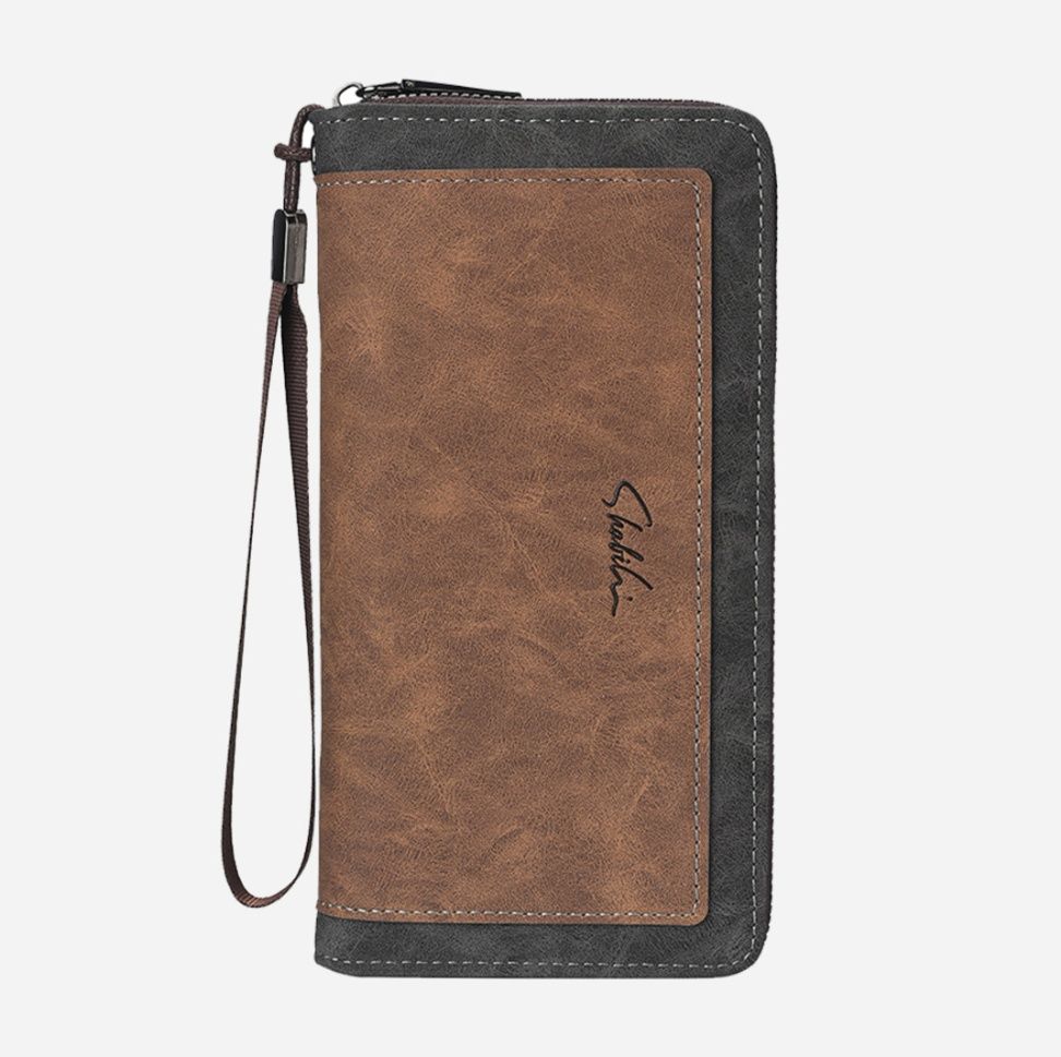 メンズ長財布 配色切替ジッパー式手持ち紐付き長財布