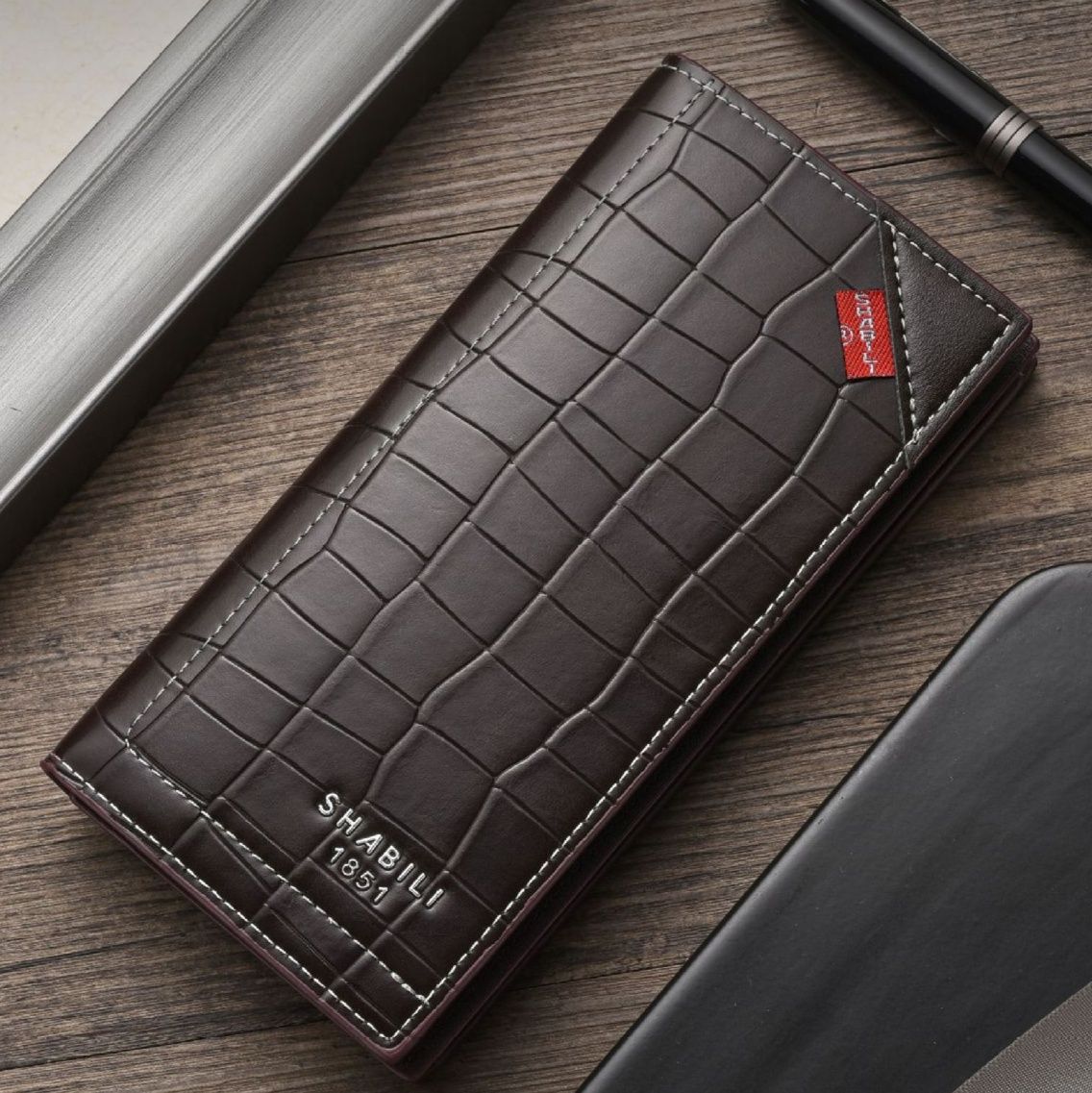 メンズ長財布 型押しクロコ柄スリム縦型二つ折り財布