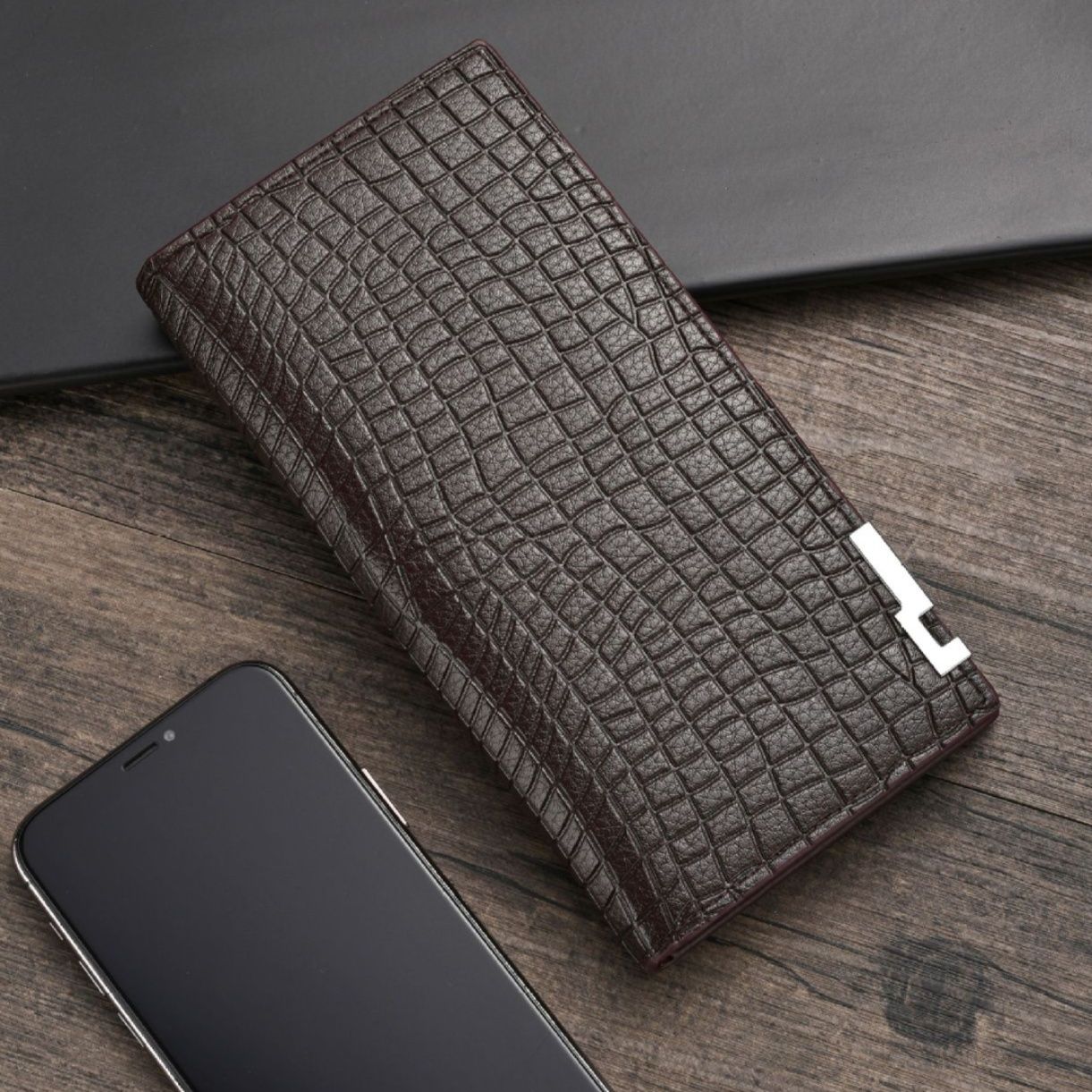 メンズ長財布 クロコ型押し本革調スリム二つ折り財布