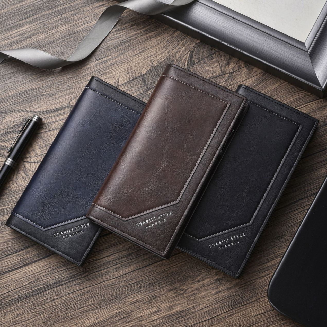 メンズ長財布 復古調ステッチデザイン薄型縦長財布