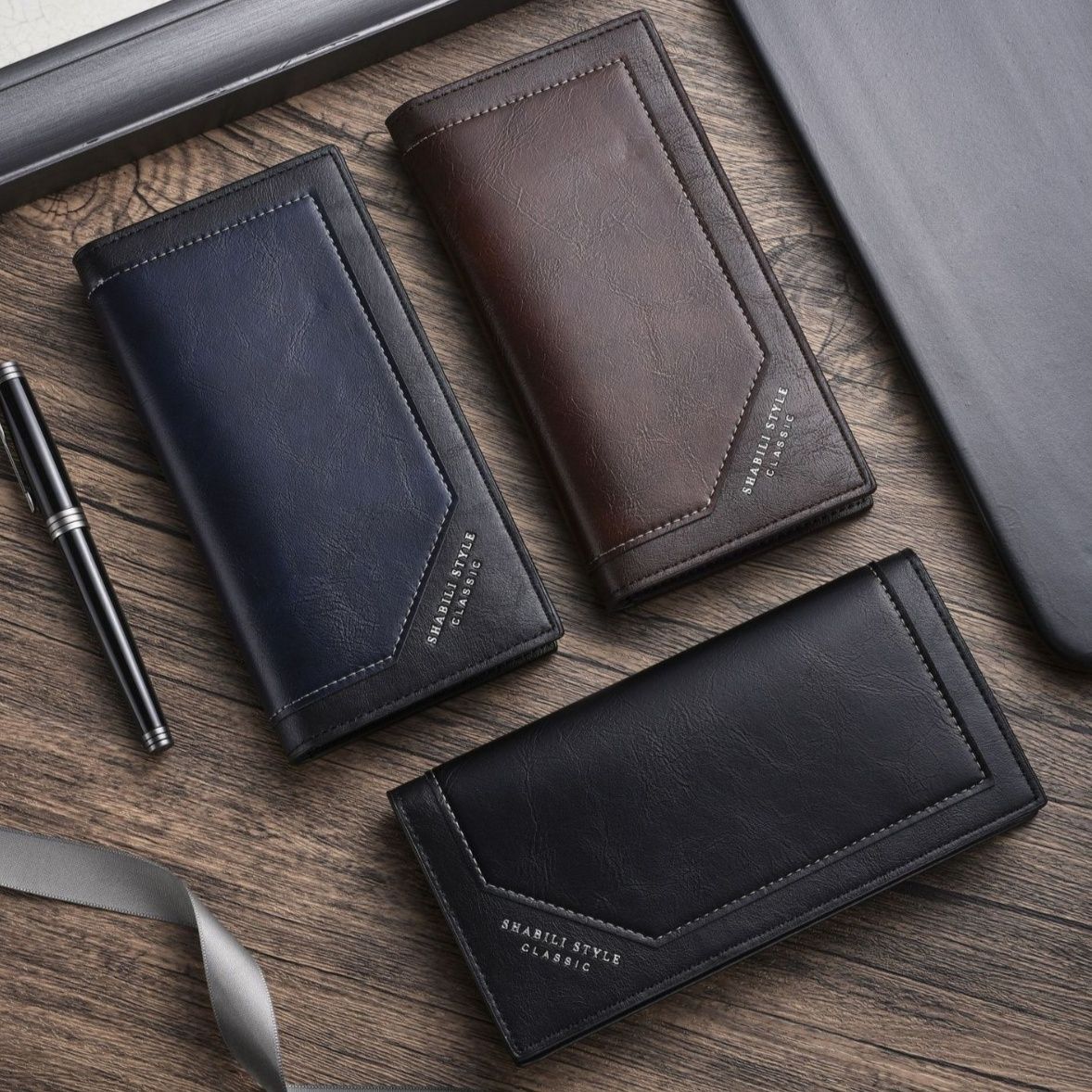 メンズ長財布 復古調ステッチデザイン薄型縦長財布