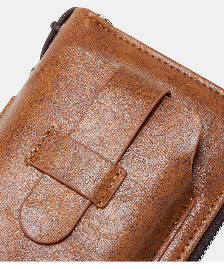 メンズ長財布 薄型本革ラウンドファスナー長財布ストラップ付き