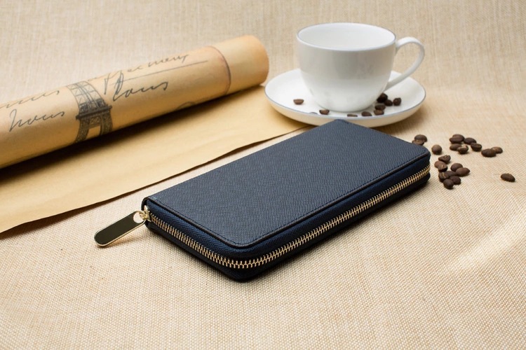 メンズ長財布 高級牛革型押し薄型ラウンドファスナー長財布