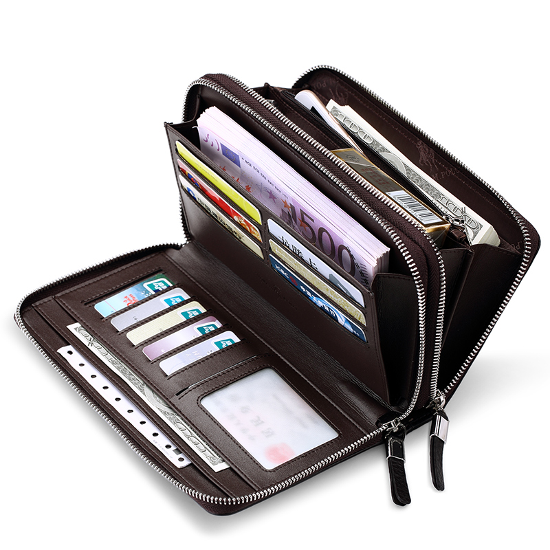 メンズ長財布 上品な型押し二重ファスナー長財布
