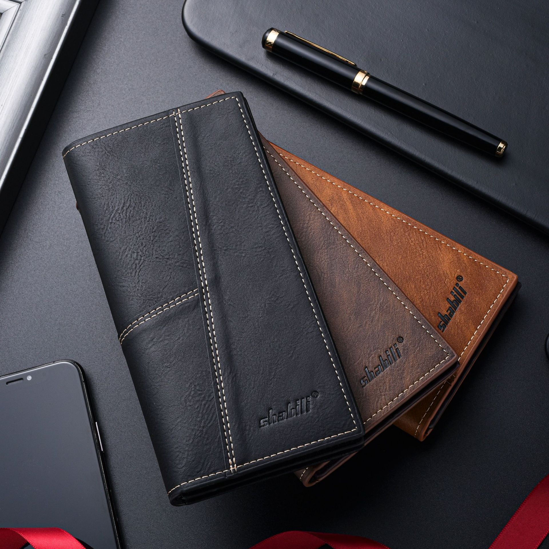 メンズ長財布 超薄型ステッチデザイン多機能長財布