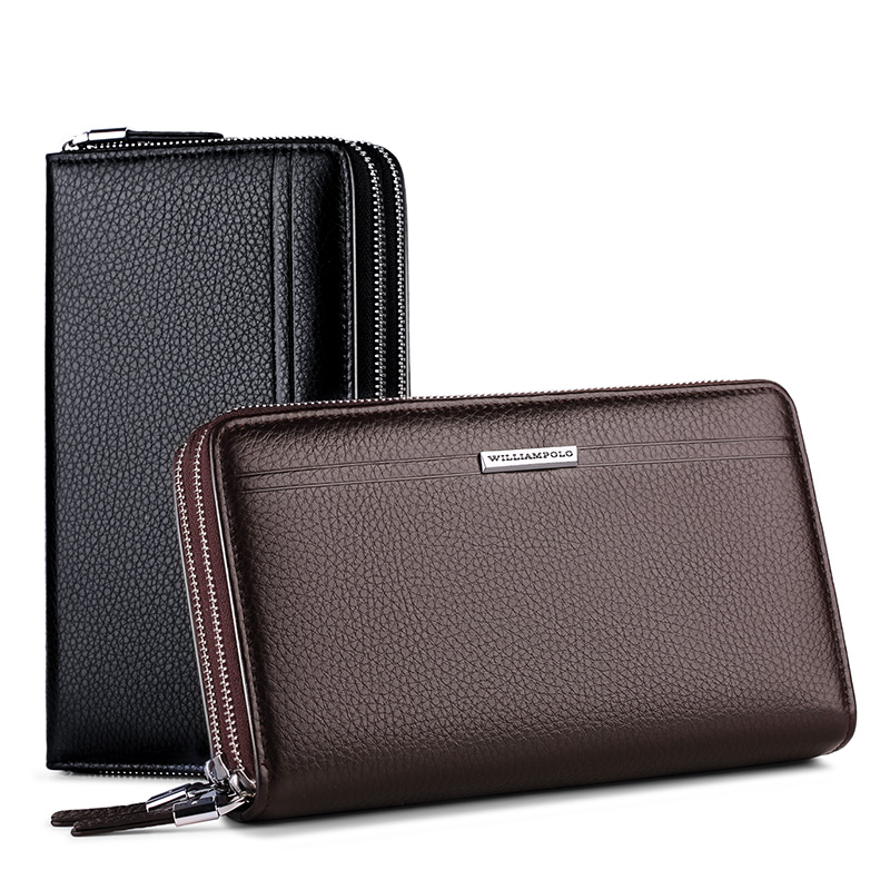 メンズ長財布 上品な型押し二重ファスナー長財布