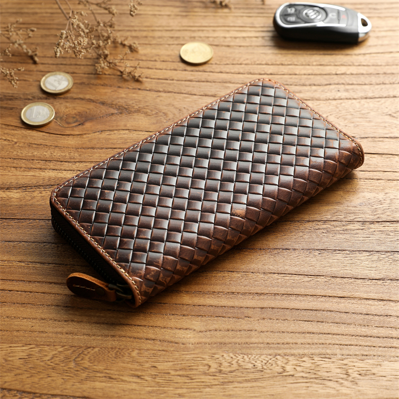 メンズ長財布 編み込みレザー長財布ラウンドファスナー