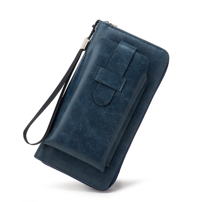 メンズ長財布 薄型本革ラウンドファスナー長財布ストラップ付き