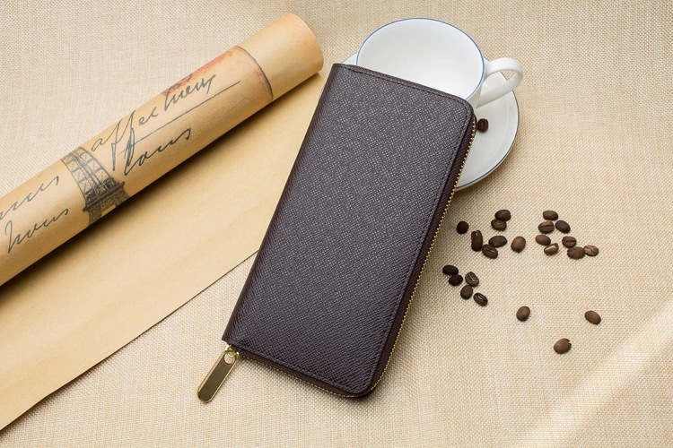 メンズ長財布 高級牛革型押し薄型ラウンドファスナー長財布