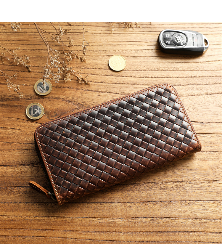 メンズ長財布 編み込みレザー長財布ラウンドファスナー