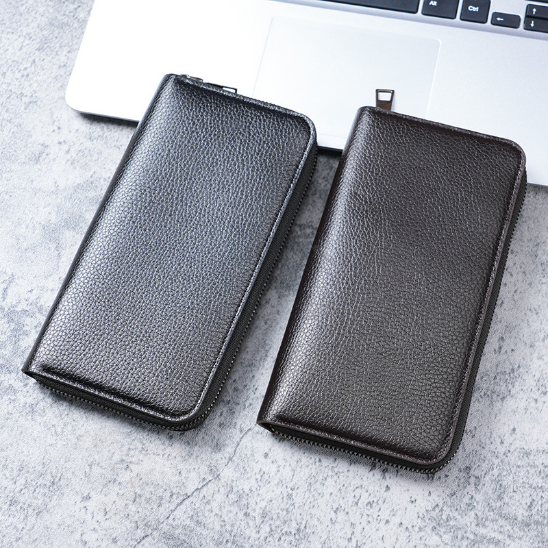 メンズ長財布 本革型押し加工薄型長財布ファスナー式