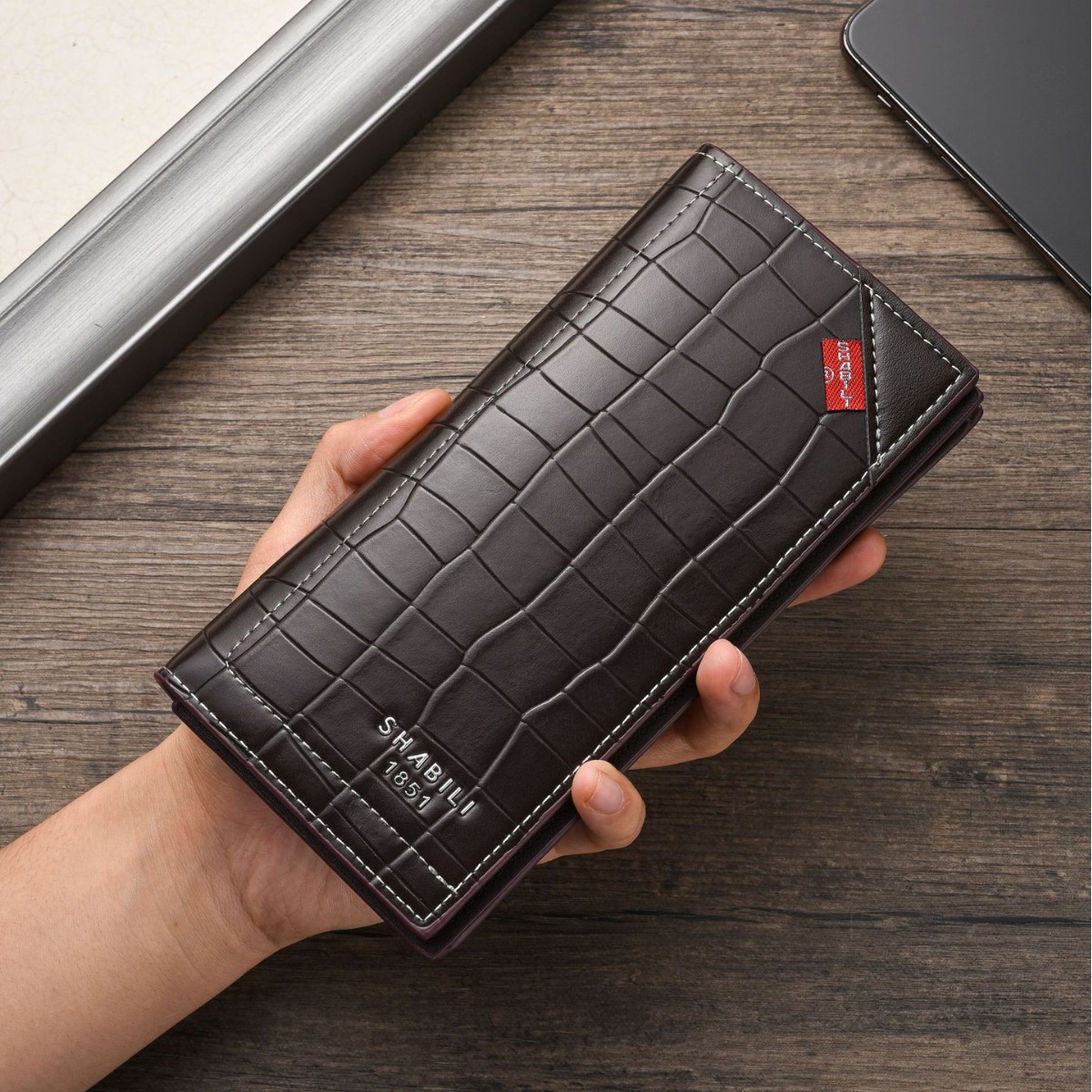 メンズ長財布 型押しクロコ柄スリム縦型二つ折り財布