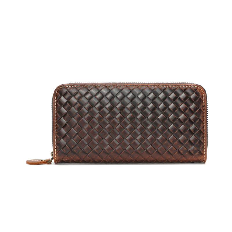 メンズ長財布 編み込みレザー長財布ラウンドファスナー