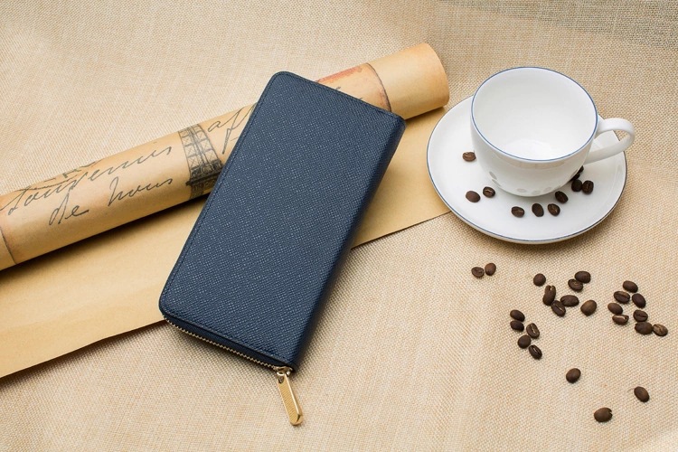 メンズ長財布 高級牛革型押し薄型ラウンドファスナー長財布