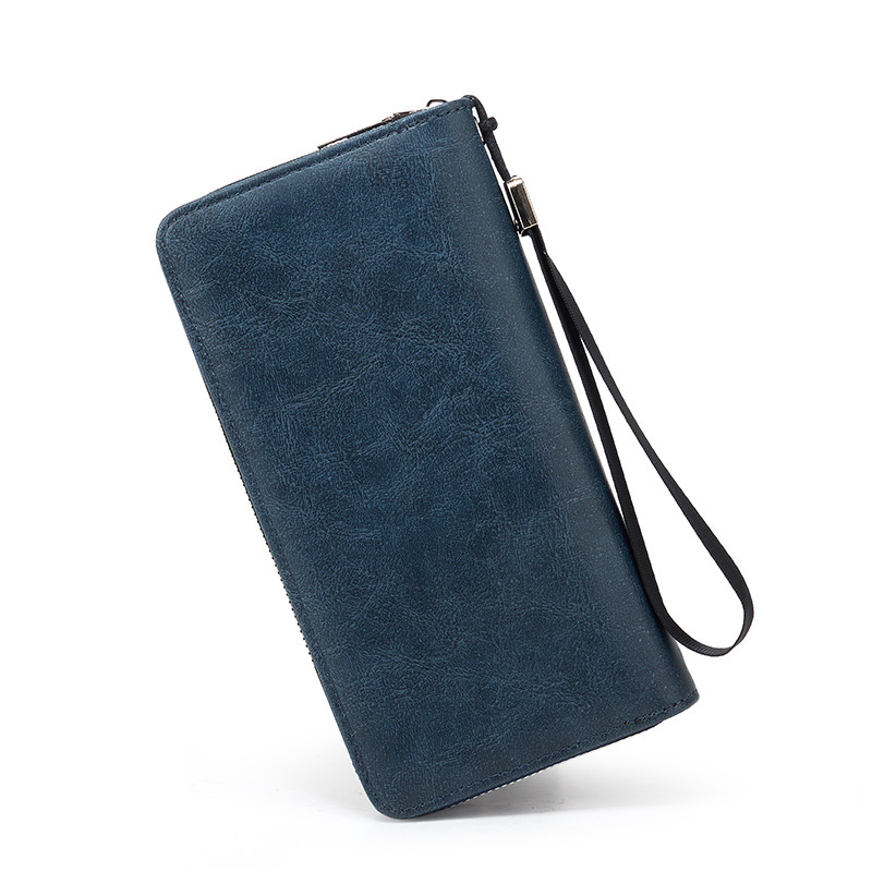 メンズ長財布 薄型本革ラウンドファスナー長財布ストラップ付き