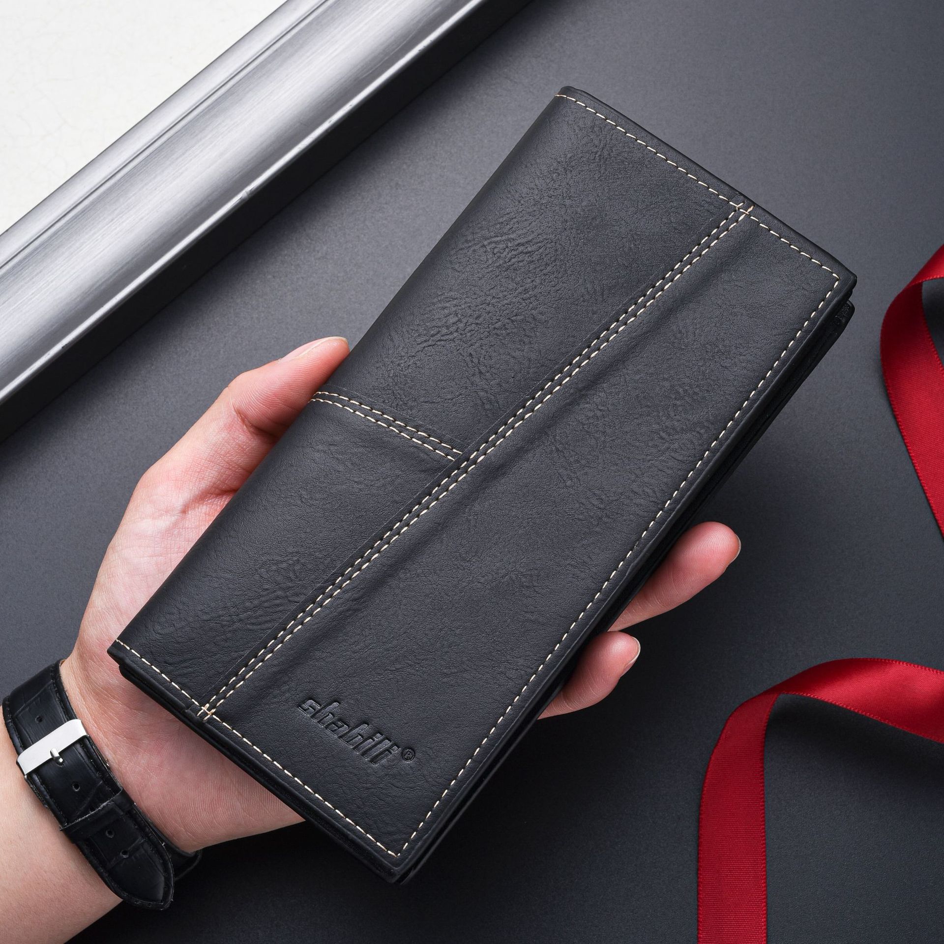 メンズ長財布 超薄型ステッチデザイン多機能長財布