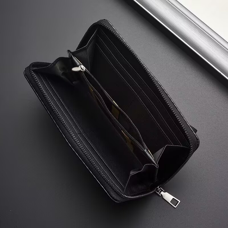 メンズ長財布 炭素繊維風型押し薄型ラウンドファスナー長財布