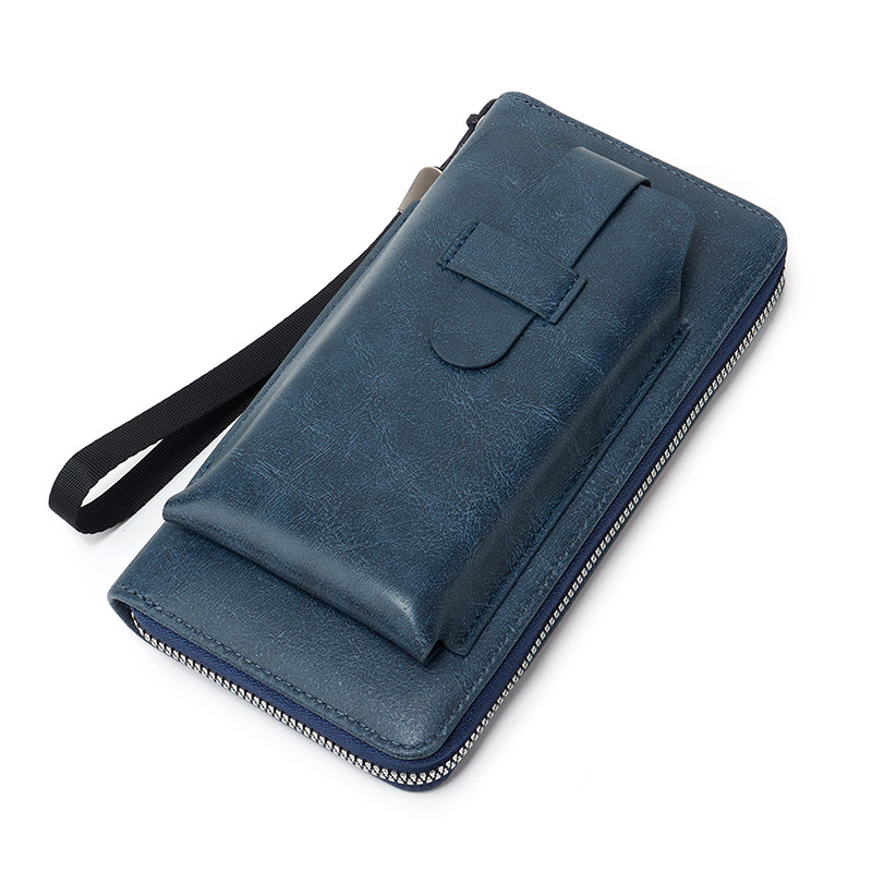 メンズ長財布 薄型本革ラウンドファスナー長財布ストラップ付き