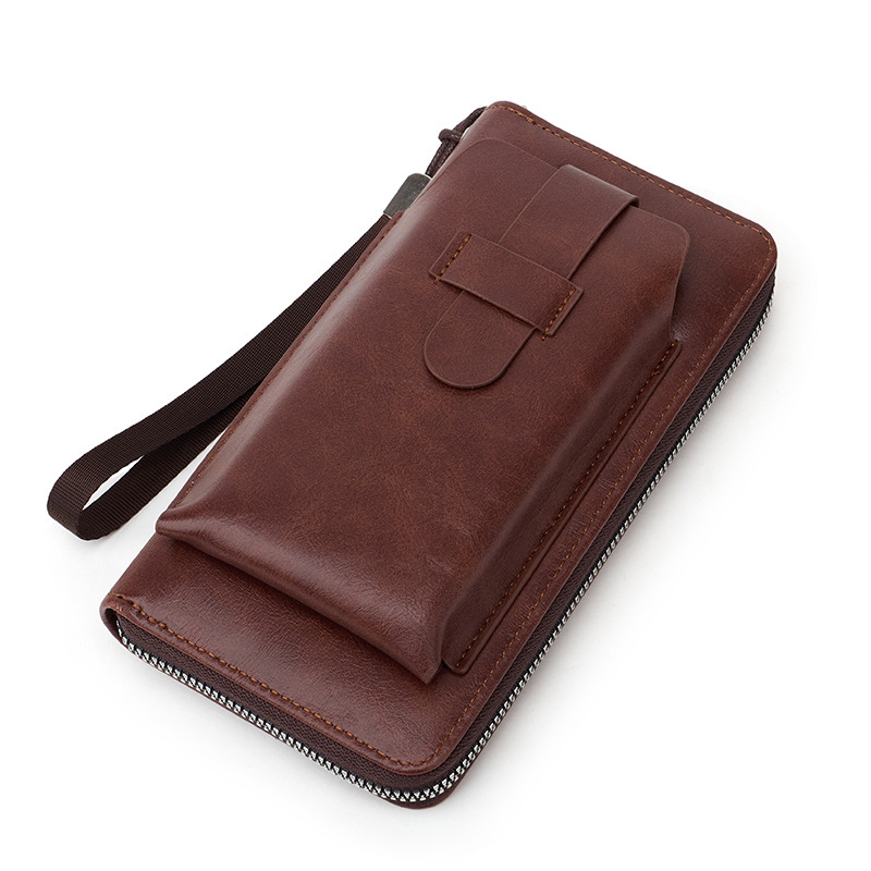 メンズ長財布 薄型本革ラウンドファスナー長財布ストラップ付き