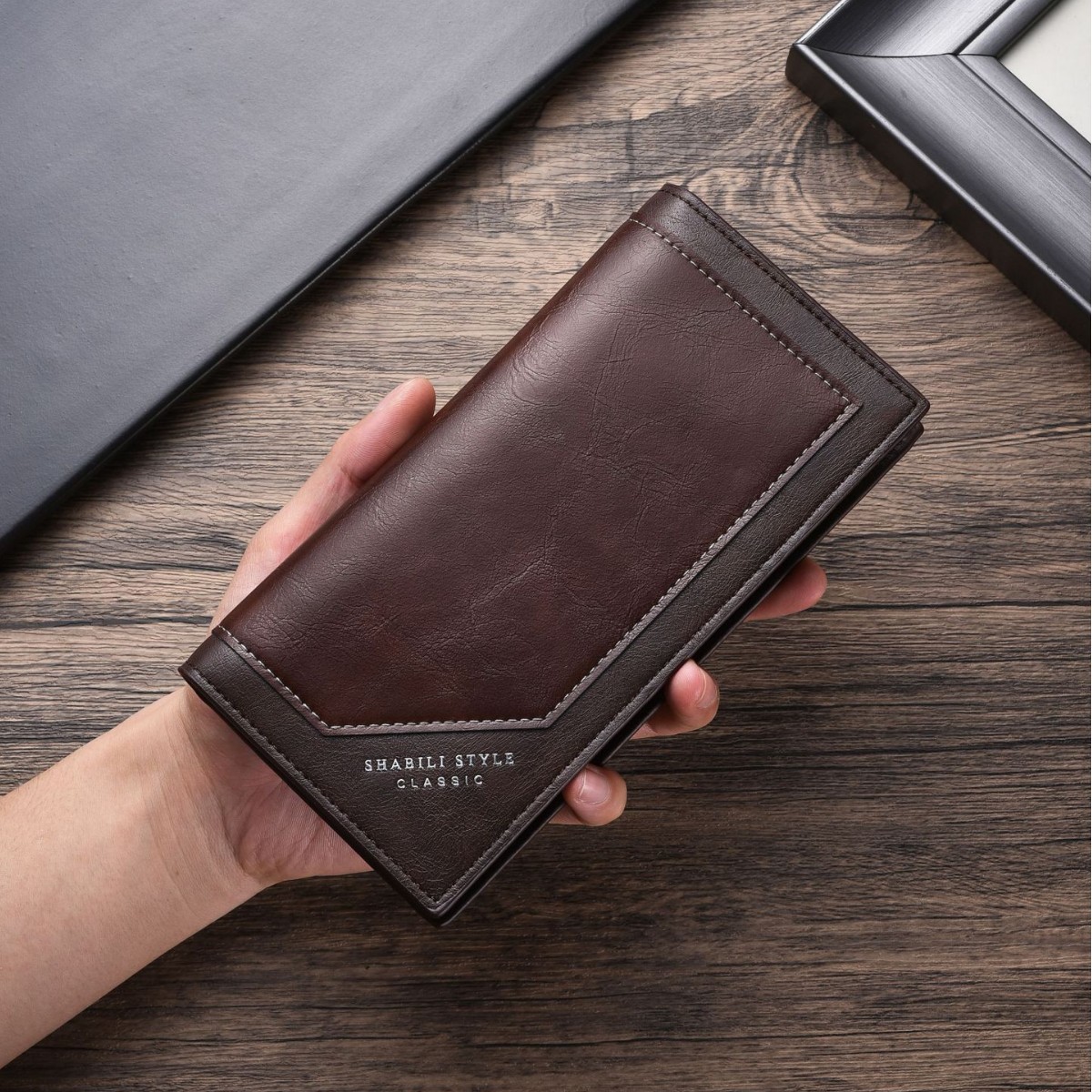 メンズ長財布 復古調ステッチデザイン薄型縦長財布