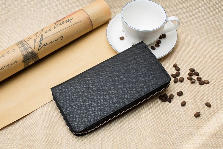 メンズ長財布 高級牛革型押し薄型ラウンドファスナー長財布