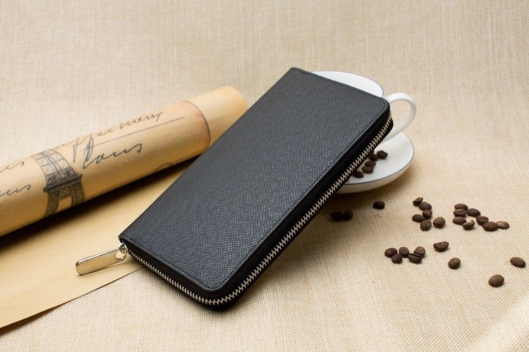 メンズ長財布 高級牛革型押し薄型ラウンドファスナー長財布