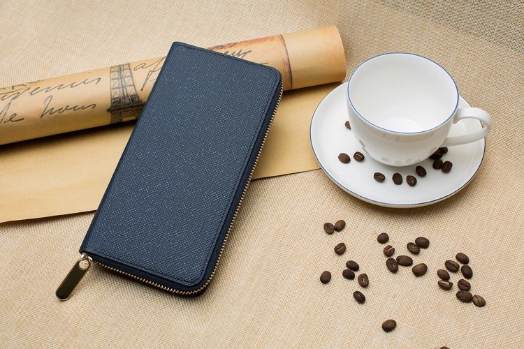 メンズ長財布 高級牛革型押し薄型ラウンドファスナー長財布