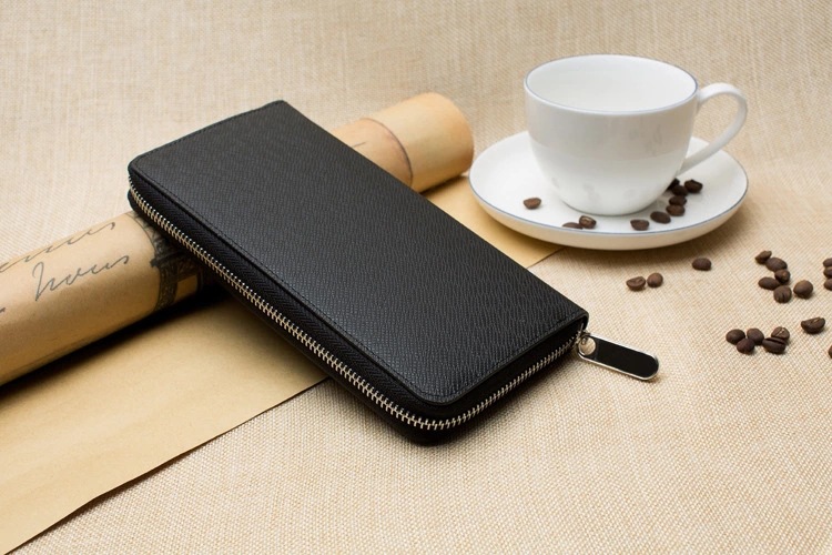 メンズ長財布 高級牛革型押し薄型ラウンドファスナー長財布