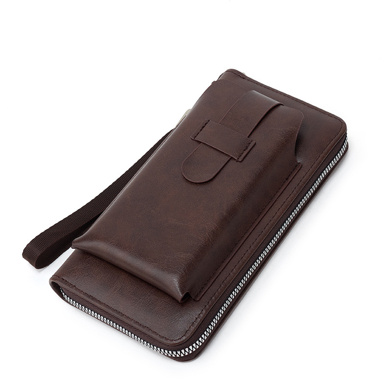 メンズ長財布 薄型本革ラウンドファスナー長財布ストラップ付き