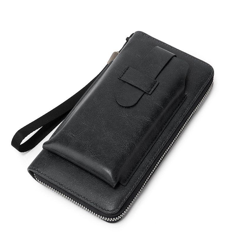 メンズ長財布 薄型本革ラウンドファスナー長財布ストラップ付き