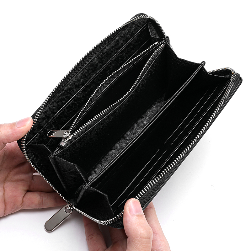 メンズ長財布 縦縞型押し本革ラウンドジップ長財布