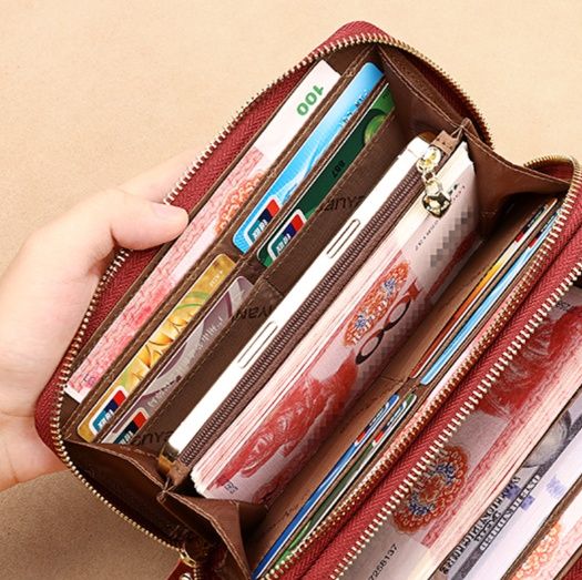 長財布レディース 復古牛革二重ファスナー長財布