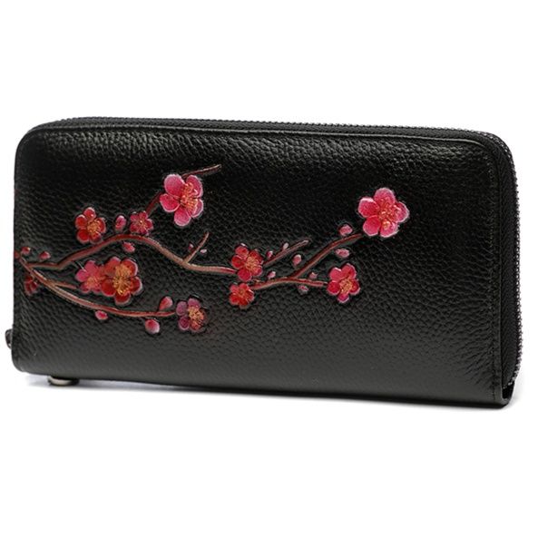長財布レディース 桜花刺繍本革ラウンドファスナー長財布