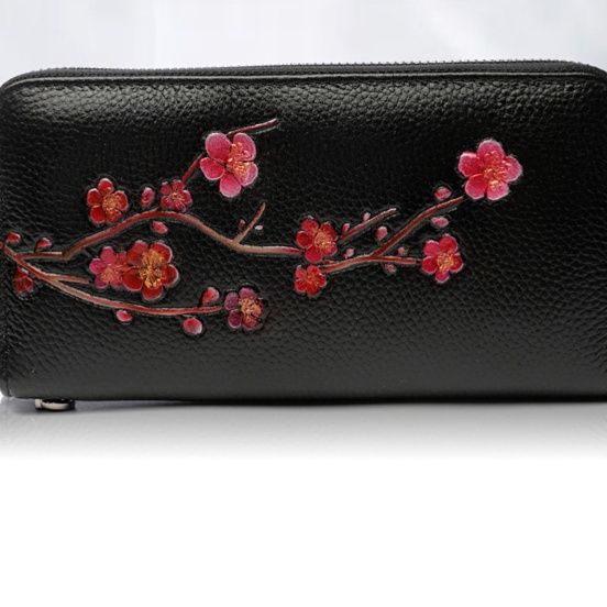 長財布レディース 桜花刺繍本革ラウンドファスナー長財布