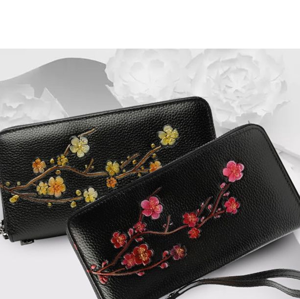 長財布レディース 桜花刺繍本革ラウンドファスナー長財布