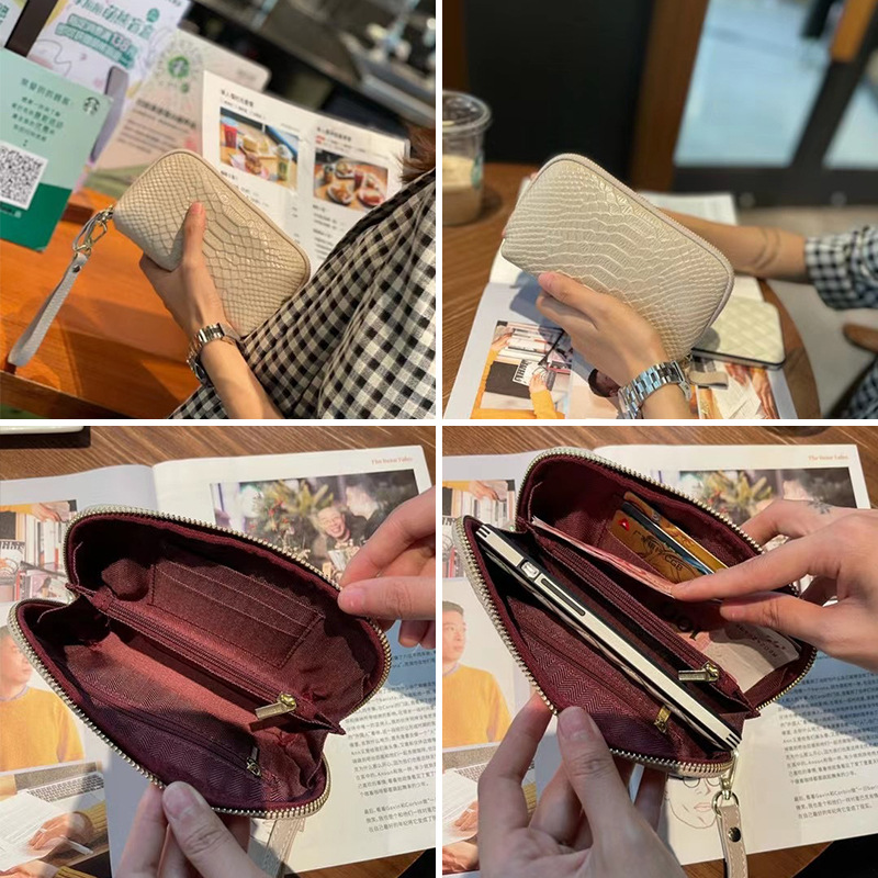 長財布レディース 型押し牛革ストラップ付き長財布