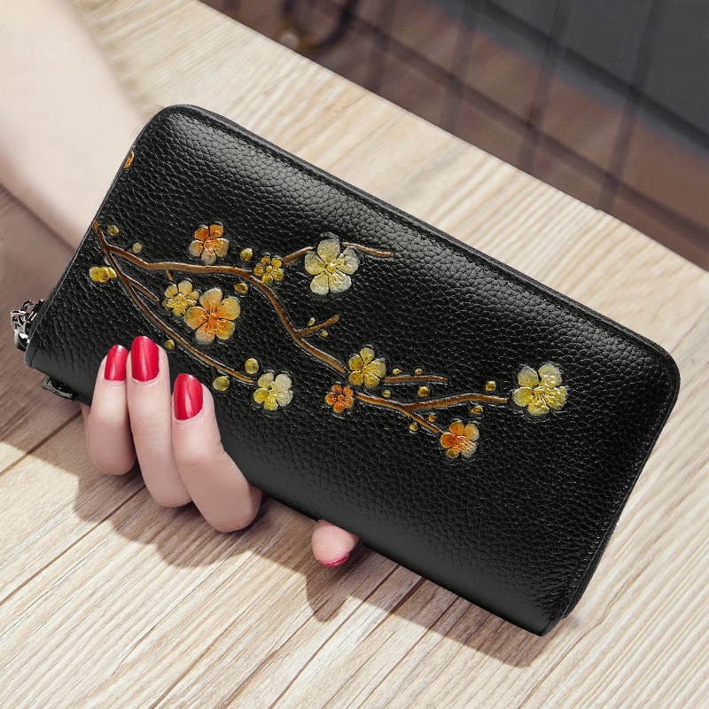 長財布レディース 桜花刺繍本革ラウンドファスナー長財布